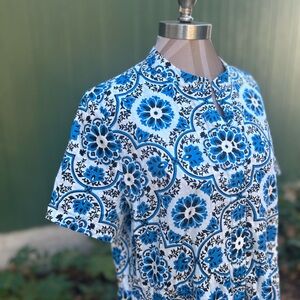 Tuckernuck Blue White Tile Print Shift Dress Women’s XL Notch Neck Cotton